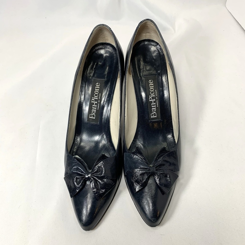 Evan Picone Pumps Womens 8.5 Navy Blue Leather Bow Pointy Toe Vintage 3" Heel - Picture 7 of 12